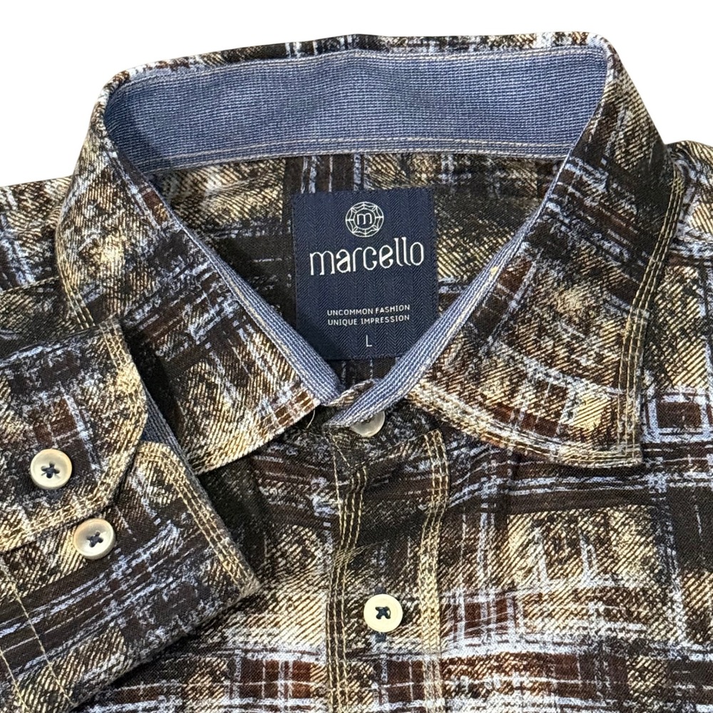 Marcello Mens Large Abstract Plaid Button Down Shirt Brown‎ Blue Long Sleeve